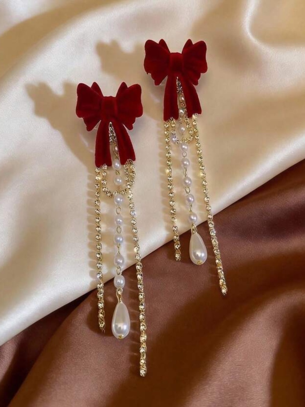 Burgundy Bow Beaded Tassel Drop Earrings NEW 🏷️